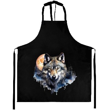 Discover Wolf Portrait Under Full Moon Design Aprons