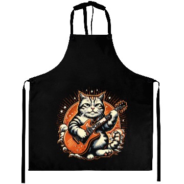 Discover Cat Playing Guitar Rock Star Rock and Roll Aprons