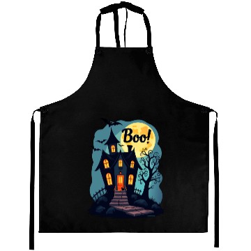 Discover spooky haunted house with a black cat sitting Aprons
