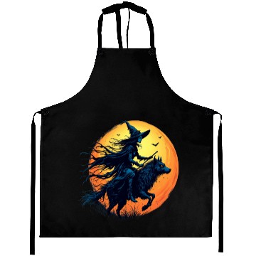 Discover Halloween Witch Riding a Wolf Under Full Moon Aprons