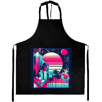 Discover "Retro Neon Cityscape: Geometric Risograph Design" Aprons