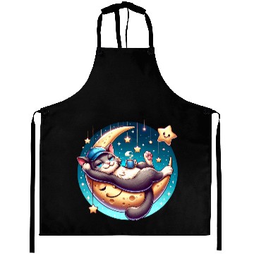 Discover Cute Cat Relaxing on Moon with Stars and Coffee Aprons