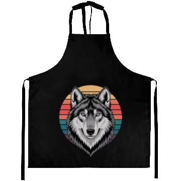 Discover Retro Wolf Head Against Colorful Sunset Aprons
