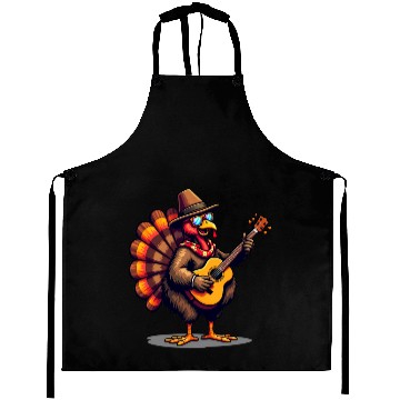 Discover Funny Thanksgiving Turkey Guitar Player Music Aprons