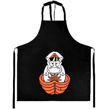 Discover Funny Hippo Old Captain Sails Cute Cartoon Comic Aprons