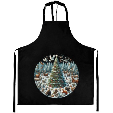 Discover Snow-Dusted Christmas Tree with Woodland Animals Aprons