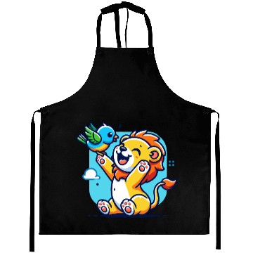 Discover cute lion cub playing with a colorful bird Aprons