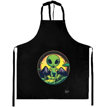 Discover Cute Green Alien Loves Nature Aprons