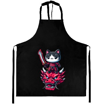 Discover Samurai Cat with Sword on Dragon in Epic 3D Effect Aprons