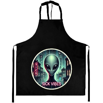 Discover Cyberpunk Alien Encounter - Futuristic Neon Sci-Fi Aprons