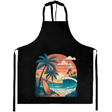 Discover Tropical Paradise Sunset Surfing and Palm Trees Aprons
