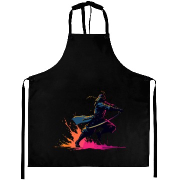 Discover Neon Samurai Warrior in Action Retro Art Aprons