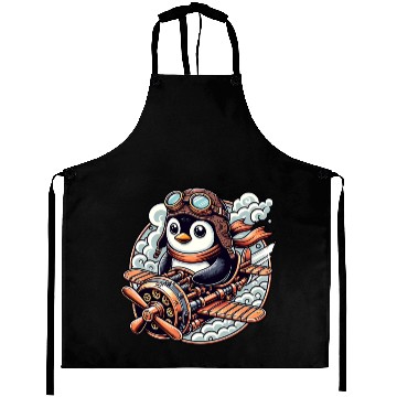 Discover Adventurous Penguin Pilot on Steampunk Plane Aprons