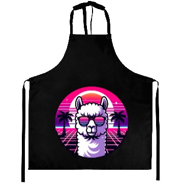 Discover Retro Sunset Llama with Sunglasses in Neon Vibes Aprons