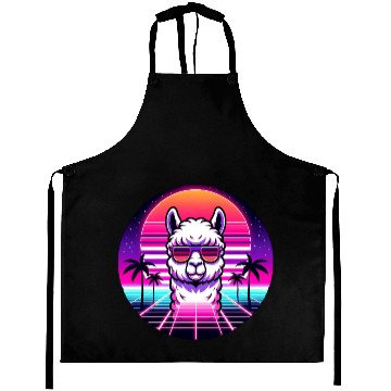 Discover Retro Cool Llama with Neon Sunset Vibes Aprons