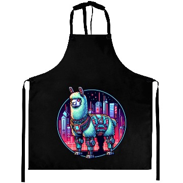 Discover Futuristic Cyberpunk Llama in Neon Cityscape Aprons