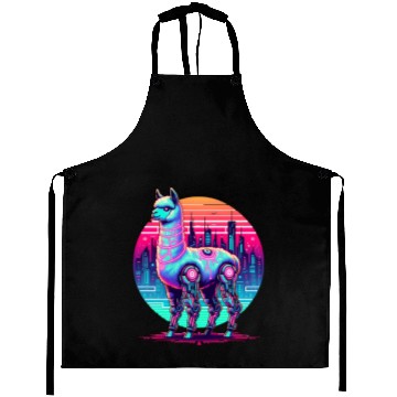 Discover Futuristic Cyber Llama in Neon Cityscape Aprons