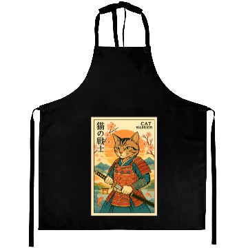 Discover Samurai Cat in Traditional Armor Art Aprons