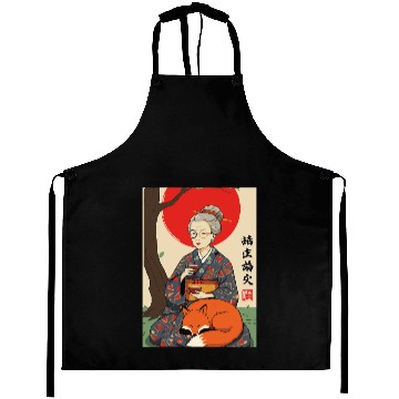 Discover Older japanese mom sippin tea sitting with red fox Aprons