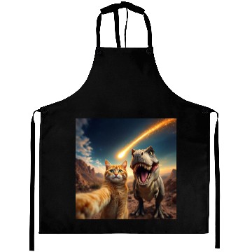 Discover Cat and Dinosaur Meteor Selfie Meme Funny Aprons