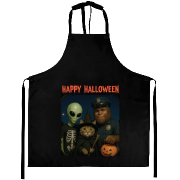 Discover Bigfoot Alien Tabby Cat Funny Halloween Trick or Aprons