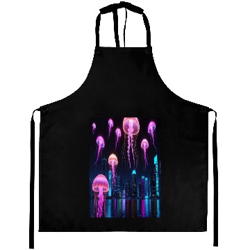 Discover Neon Jellyfish Over Cyber City Aprons