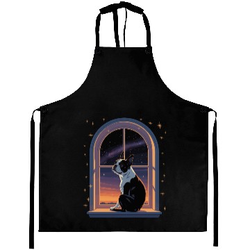 Discover Boston Terrier Star Gazing At Window Aprons