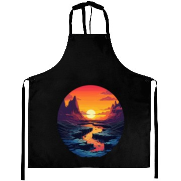 Discover Sunset Mountain River Serenity Landscape Aprons