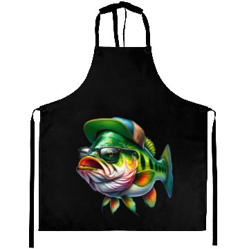 Discover Cool Bass Fish with Green Hat and Glasses Aprons