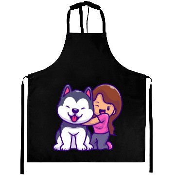 Discover Cute Girl Hugging Playful Husky Design Aprons