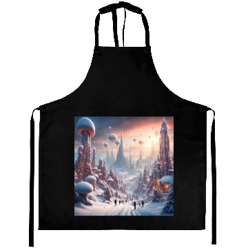 Discover Futuristic Snowy Cityscape with Floating Balloons Aprons
