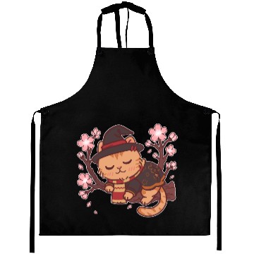 Discover Cute Witch Cat with Cherry Blossoms Aprons