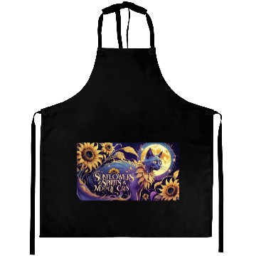 Discover Celestial Cat Among Sunflowers and Moonlit Night Aprons