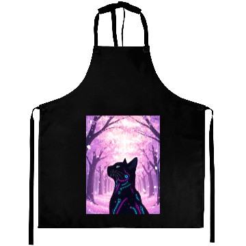 Discover Midnight Cyber Cat | Pink Cherry Blossom Forest Aprons