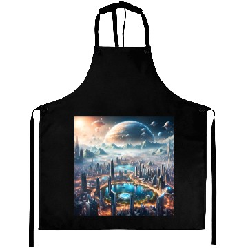 Discover Futuristic Cityscape with Alien Planets Sci-Fi Aprons