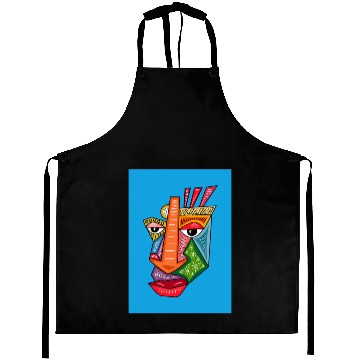 Discover Abstract Geometric Face on Blue Background Aprons