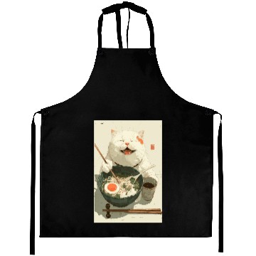 Discover Happy White Cat Eating Ramen Aprons