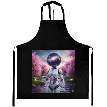 Discover Futuristic Robot in Cherry Blossom Paradise Aprons