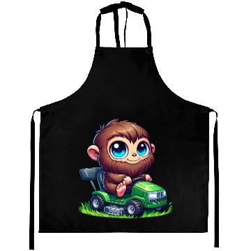 Discover Cute Bigfoot Sasquatch lawn mower gardening chibi Aprons