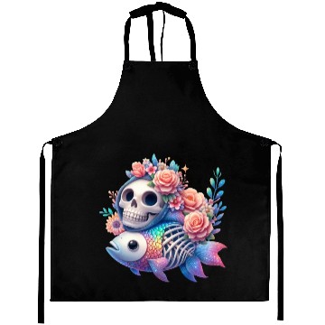 Discover Whimsical Skull and Fish Floral Fusion Aprons