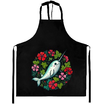Discover Whimsical Narwhal Amid Floral Bloom Aprons