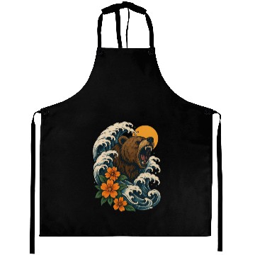 Discover Bear Surfer Wave with Hibiscus Flowers Aprons