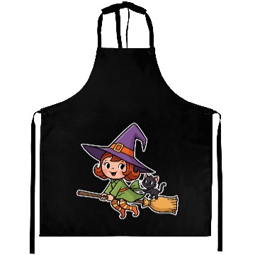 Discover Magical Witch and Cat Illustration Aprons