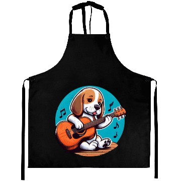 Discover Playful Puppy Guitar Illustration Aprons