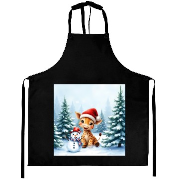 Discover Festive Giraffe with Snowman Santa Hat Aprons