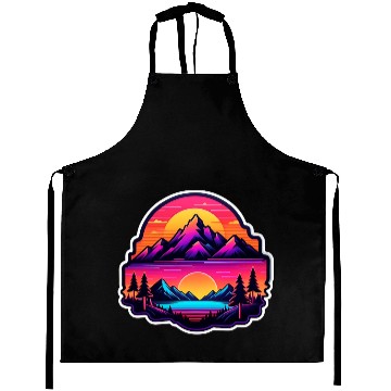 Discover Neon Mountain Sunset Landscape Aprons
