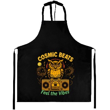 Discover Cosmic Beats Retro Owl Vintage Vibes Aprons