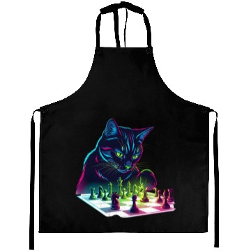 Discover Neon Black Cat Chess Art Aprons
