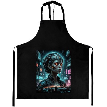 Discover Futuristic AI Cyborg Portrait Aprons