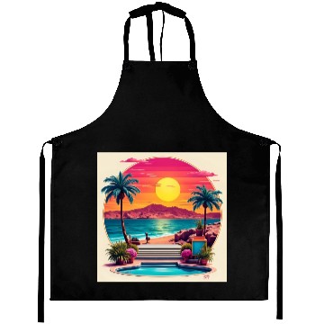 Discover Sunset Beach Oasis Illustration Aprons